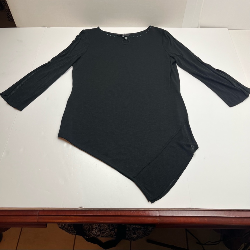 Ming Wang Black Asymmetrical Hem Women's Medium Top Open Sleeve Keyhole Neckline